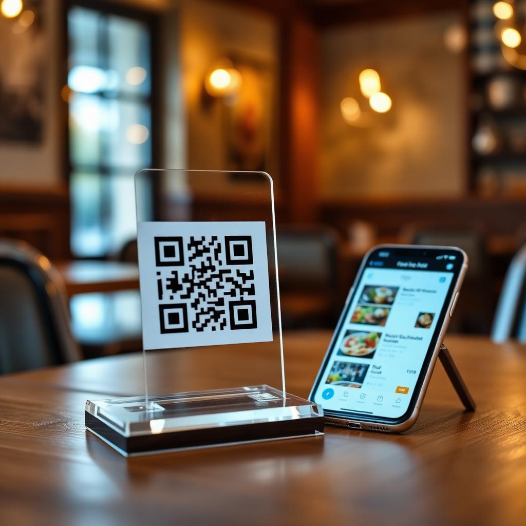 Display de acrílico com QR Code na mesa ao lado de celular com cardápio digital aberto