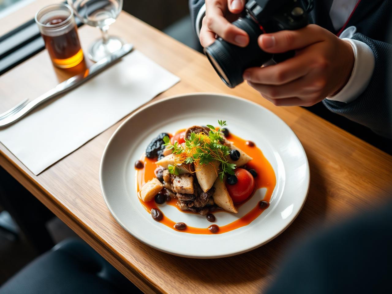Fotógrafo profissional fotografando um prato de comida em restaurante